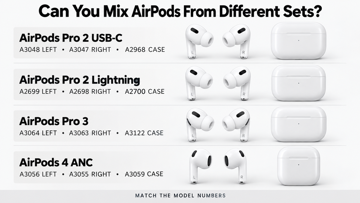 Compatible replacement AirPod and charging-case model numbers for AirPods Pro 2, AirPods Pro 3, and AirPods 4 ANC