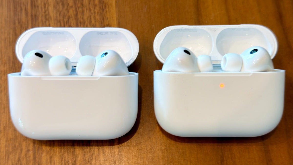 Authentic and counterfeit AirPods Pro 3 sets shown side by side for comparison
