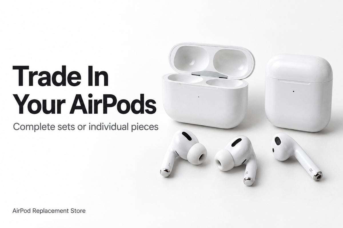 Used AirPods earbuds and charging cases arranged beside the words Trade In Your AirPods.